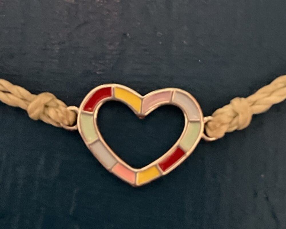 Pura Vida Bracelet Beige Silver Rainbow Heart Charm String Adjustable Love Tan